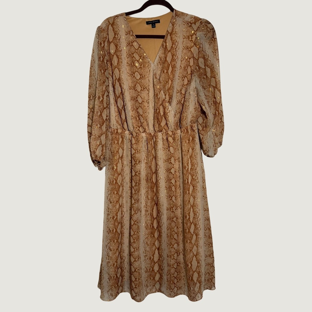 Lane Bryant Snakeskin Print Gold Foil Metallic Faux Wrap Midi Dress Brown Tan 14